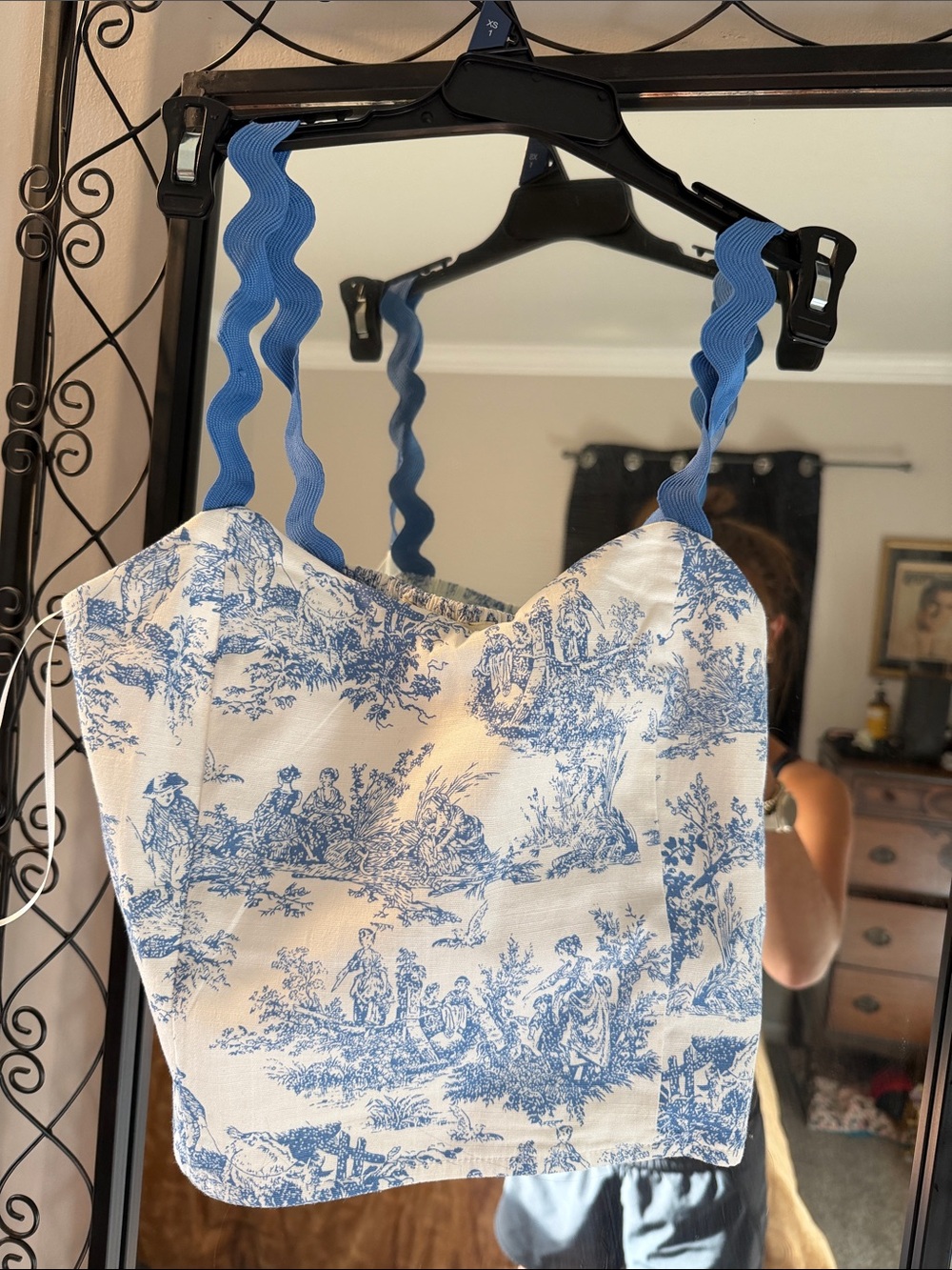 Blue Toile Crop Cami with Wavy Straps